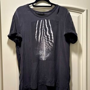 All Saints Dark Gray Feather Print Tee shirt Silk